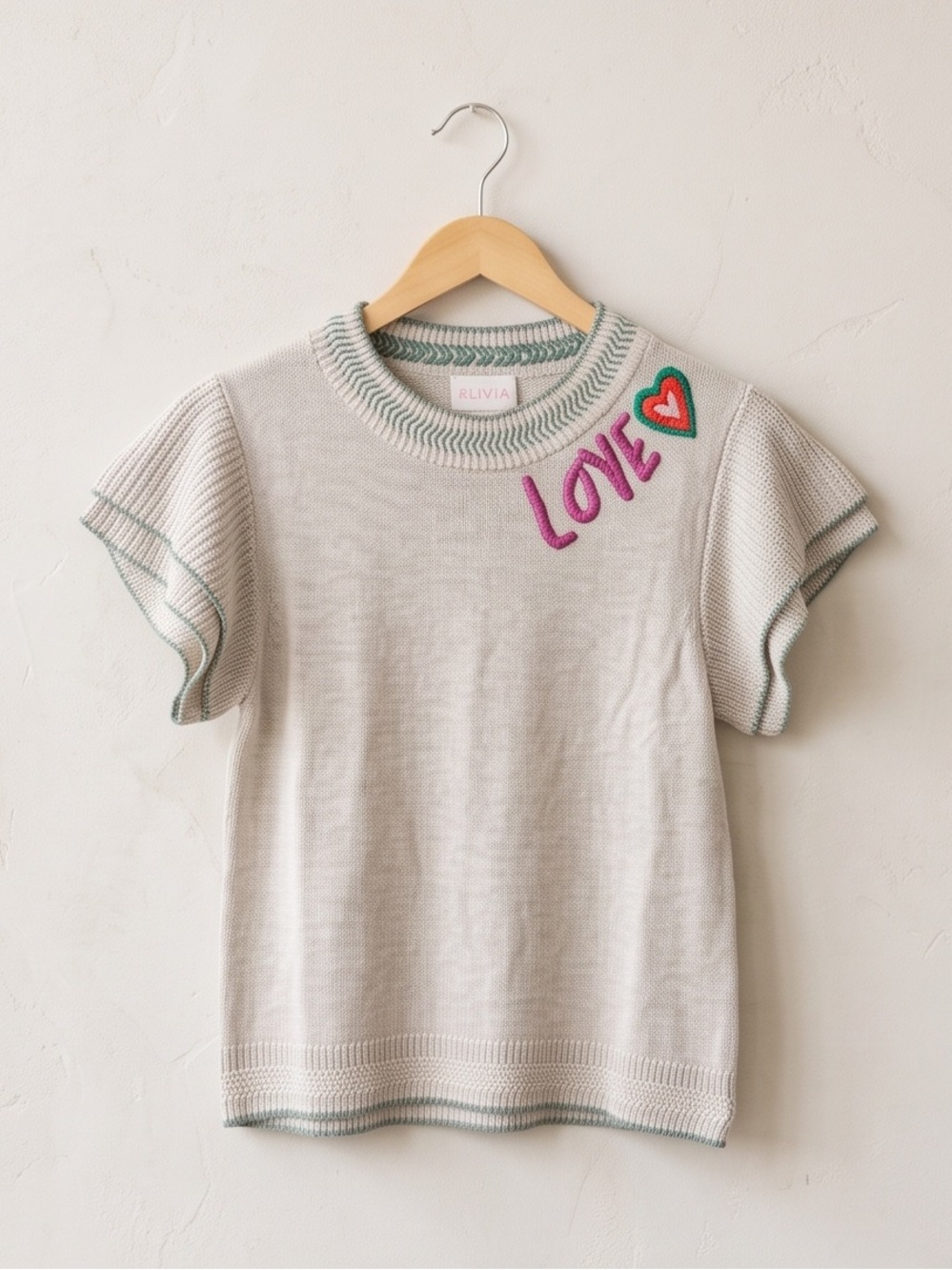 Cream Knit Crewneck Sweater with Pink 'LOVE' Applique